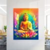 A colorful Buddha sits in a lotus flower garden Acrylic wall art