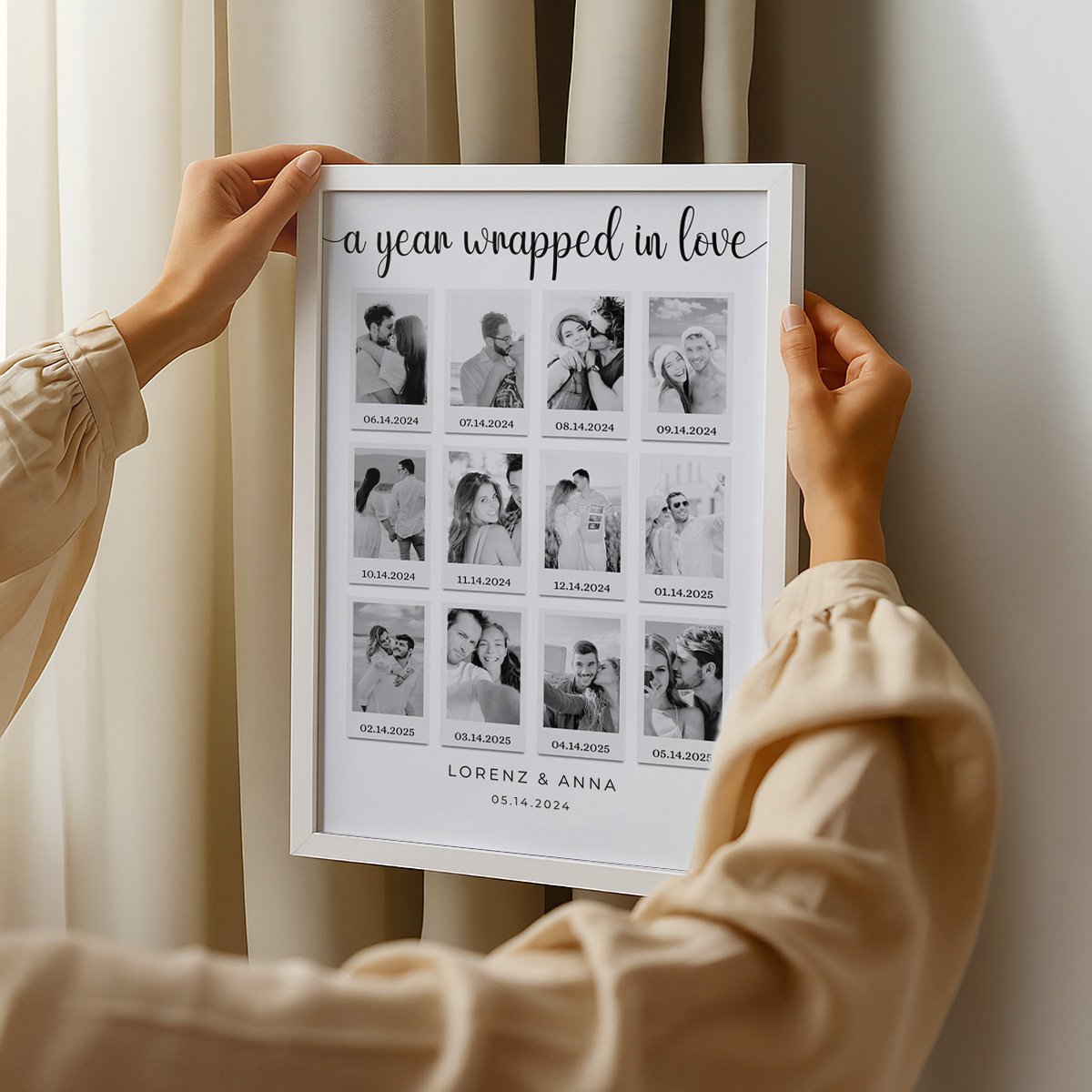 A Year Wrapped in Love” 12-Photo Collage Frame – 1st Anniversary Gift