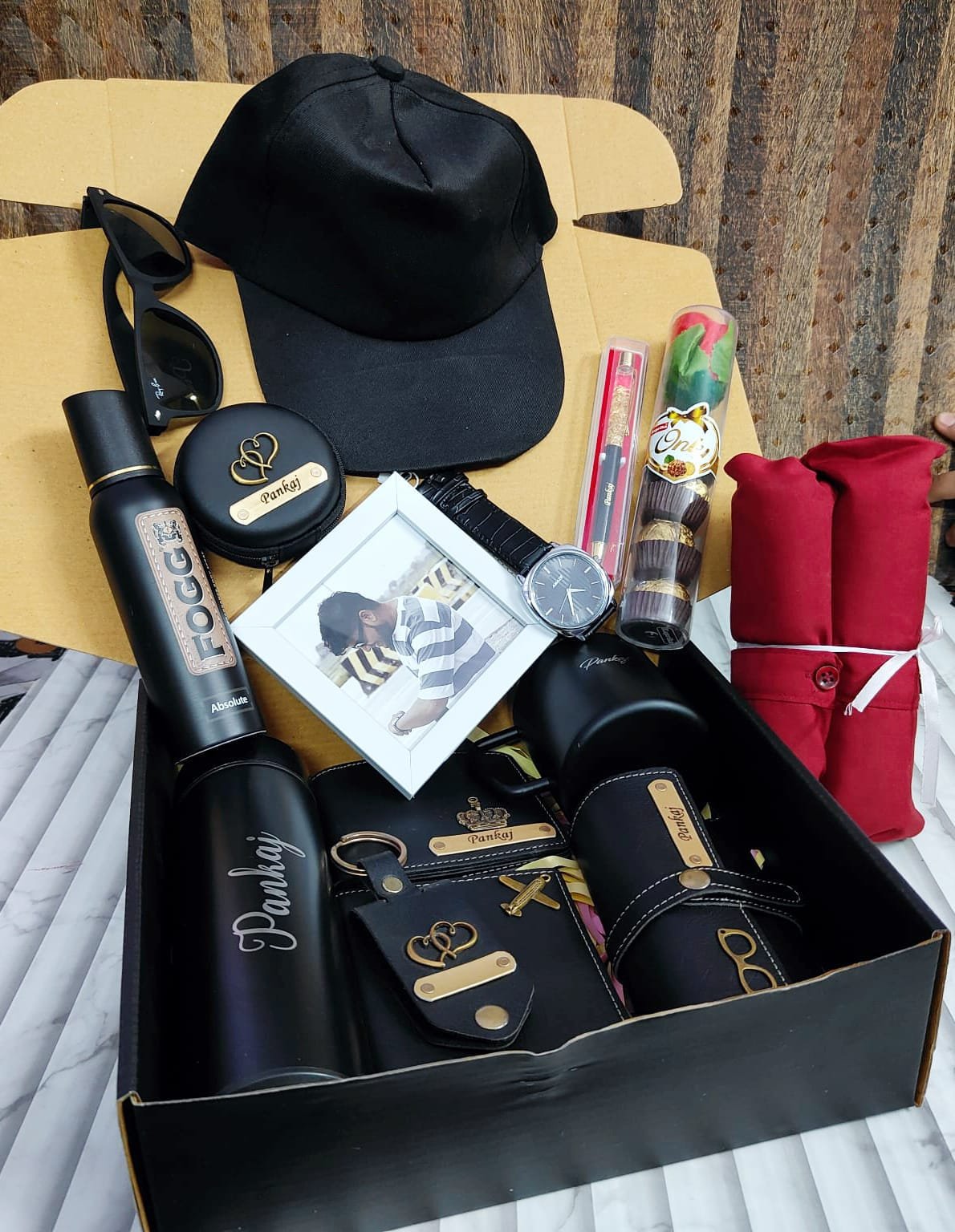 VignetteStore™ Premium Personalised Men’s Gift Hamper | Black Luxe Edition with Custom Name & Photo Frame