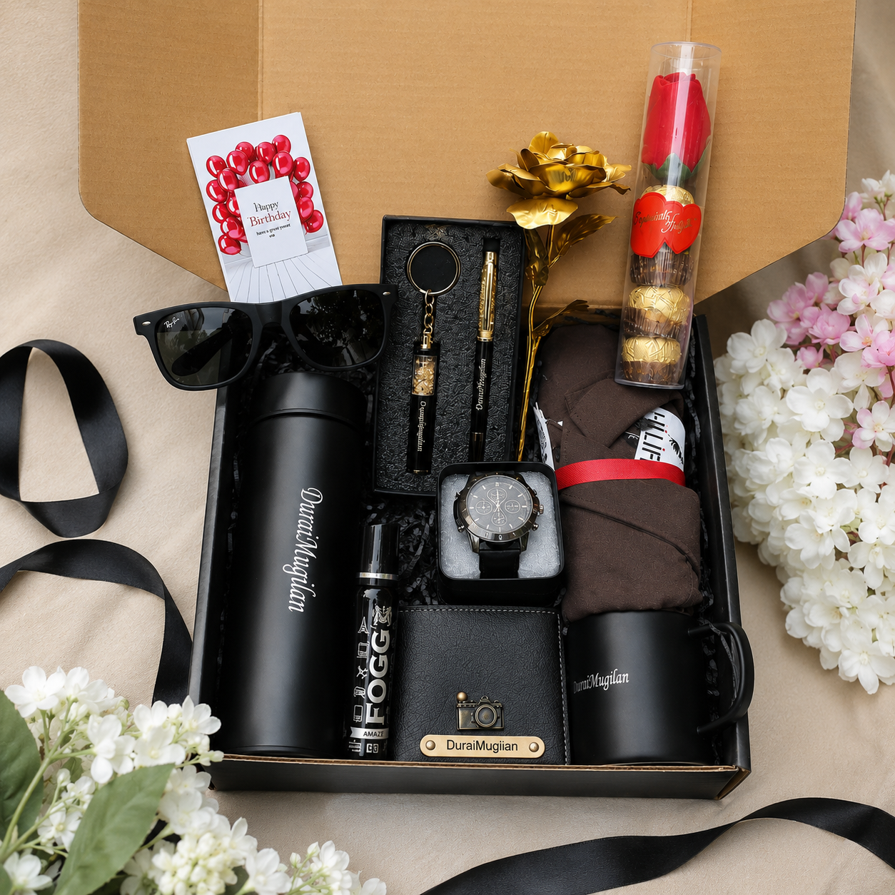 Luxury customized gift hamper for men featuring shirt, watch, wallet, mug and chocolates.