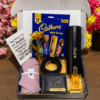 Personalized birthday gift hamper for women with Cadbury chocolates, wallet, perfume, bottle, golden rose and greeting card