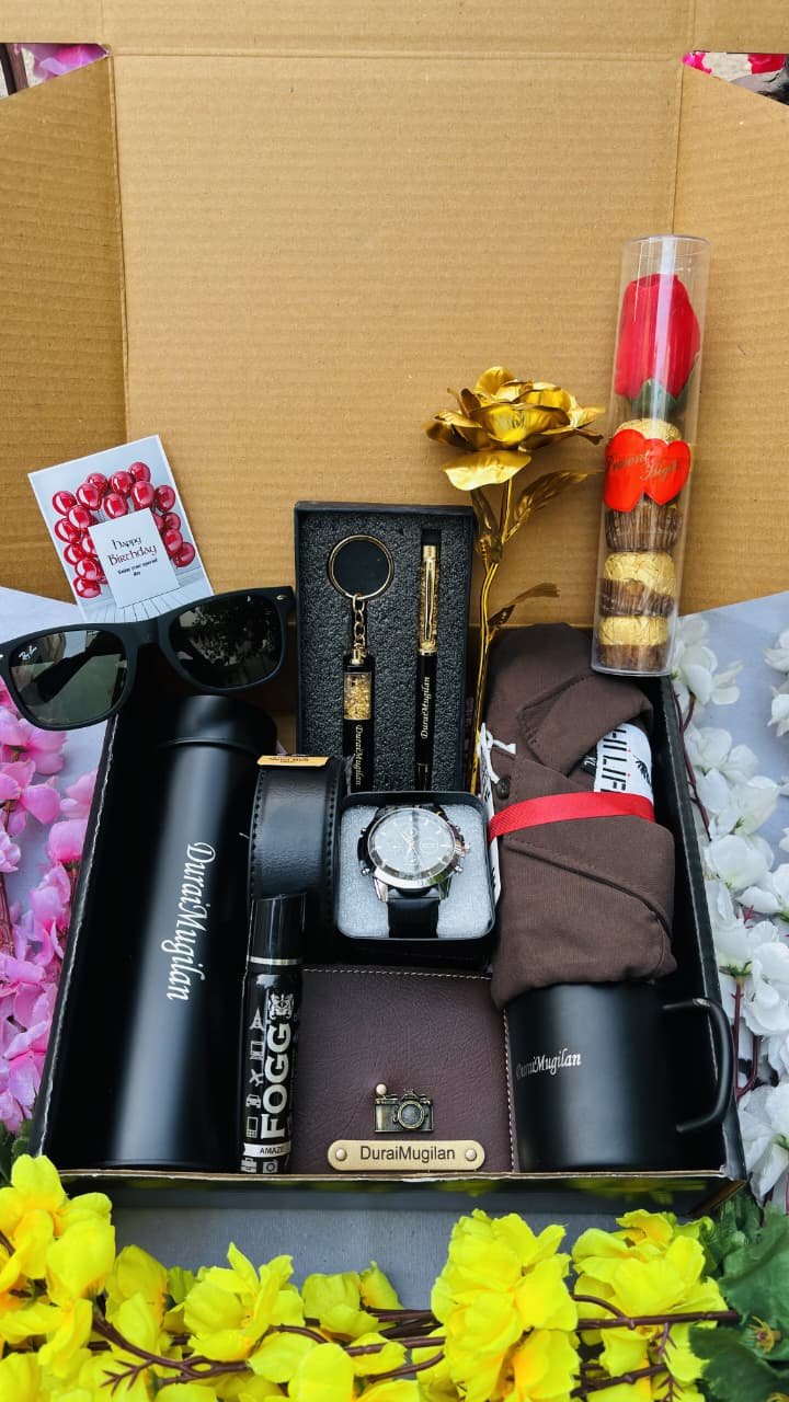 Personalized premium gift hamper for men with shirt, watch, wallet, mug, sunglasses and chocolates – birthday gift for him
